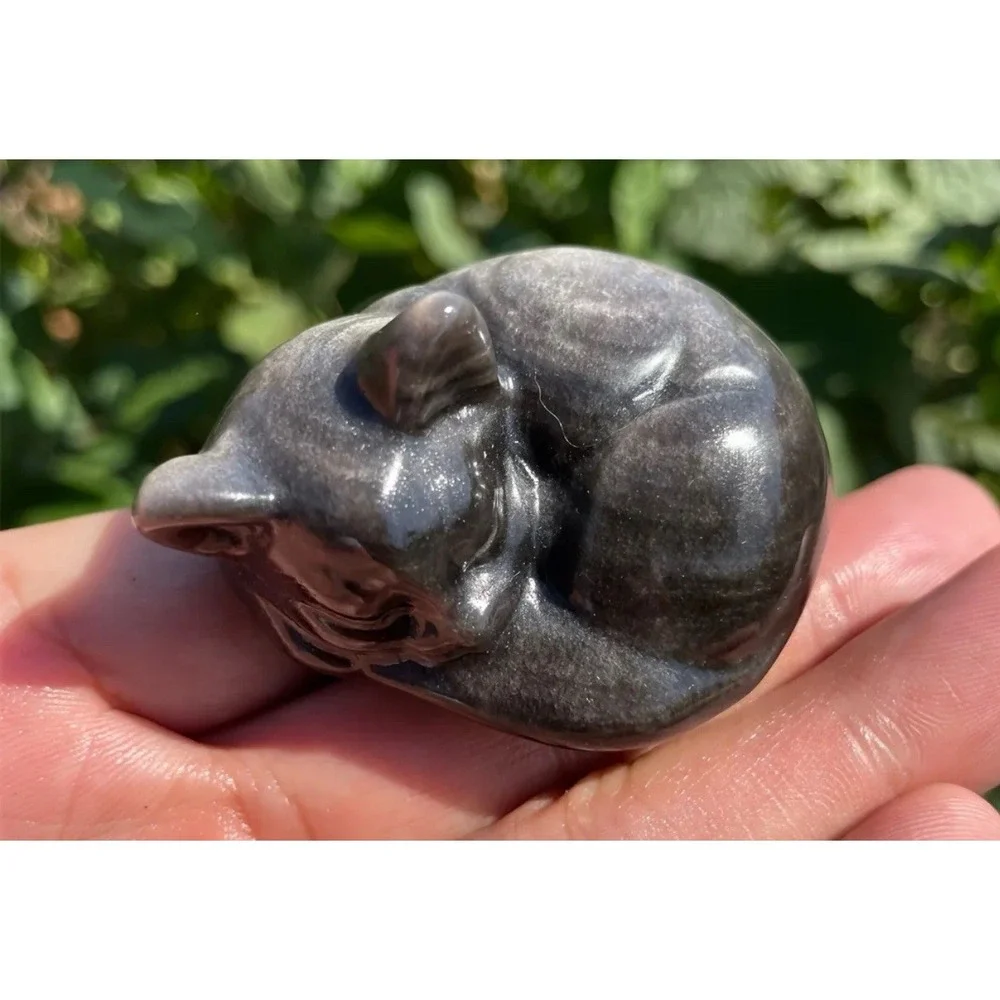 Cat Silver Obsidian Stone Cat hand‎ carved crystal reiki Figure 5.5 cm